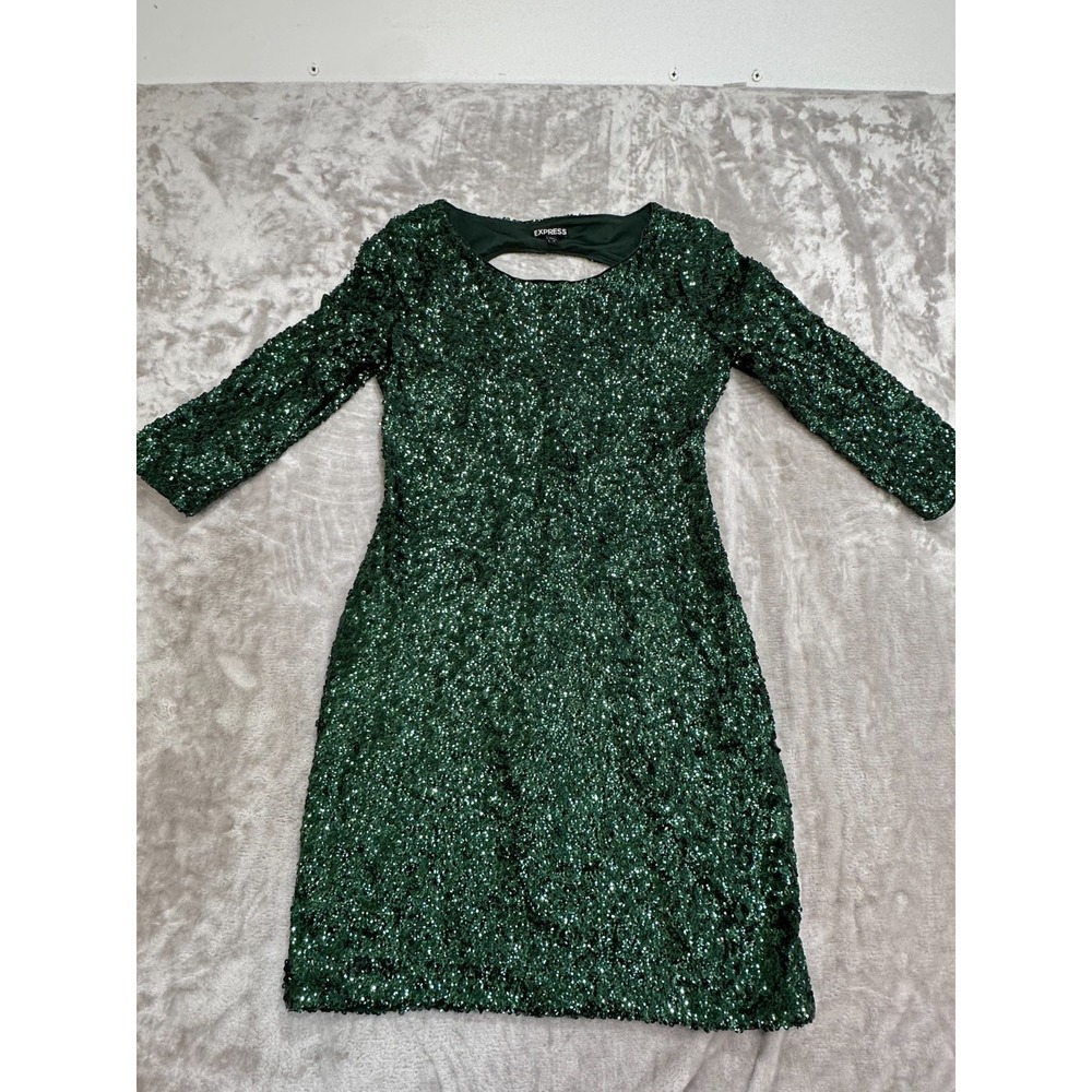 Express Dress Womens Size 6 Green All Over Sequin 3/4 Sleeve Lined Party EUC